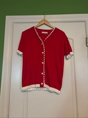 Belle Poque Medium Red Short-Sleeve Button Cardigan with White Trim
